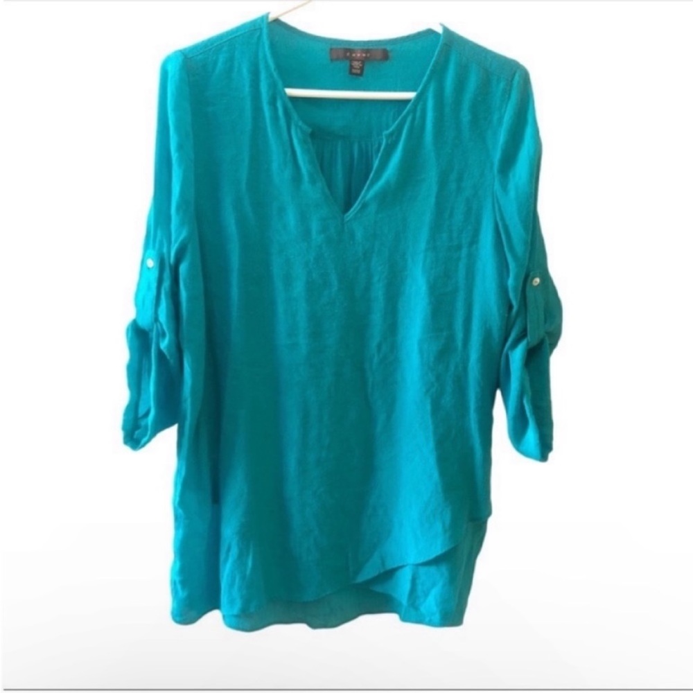Fever Aqua V-Neck Tunic Top Roll Tab Sleeves Beachy Coastal Lagenlook Medium